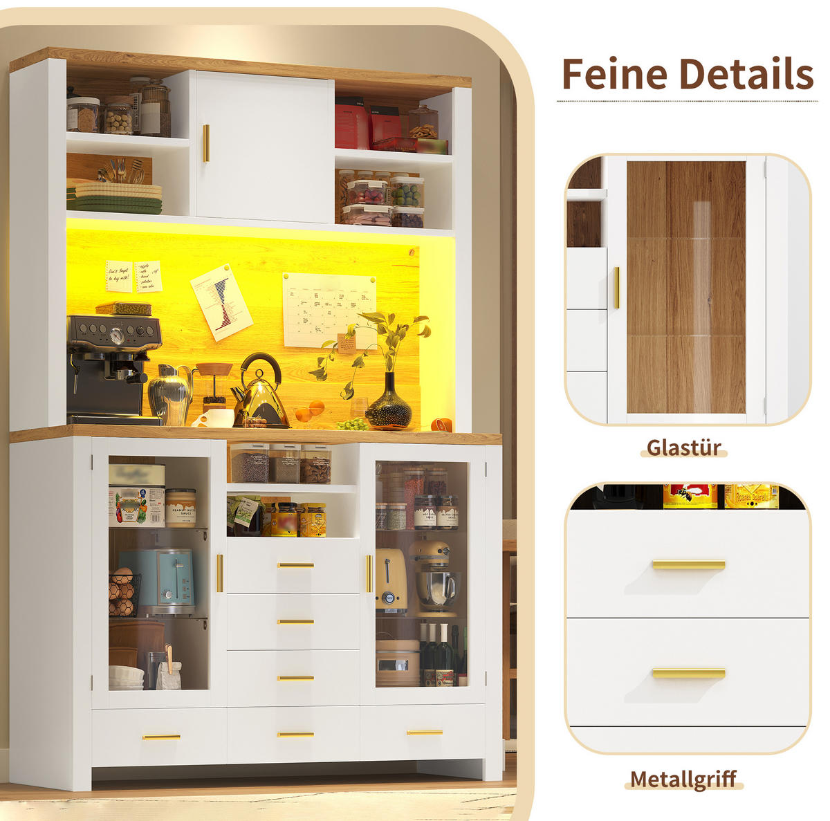 BUFFET 120/40/188 cm in Weiß mit Holzdekor und LED-Beleuchtung - Weiß, Holzwerkstoff (120/188/40cm) - Flora Grace