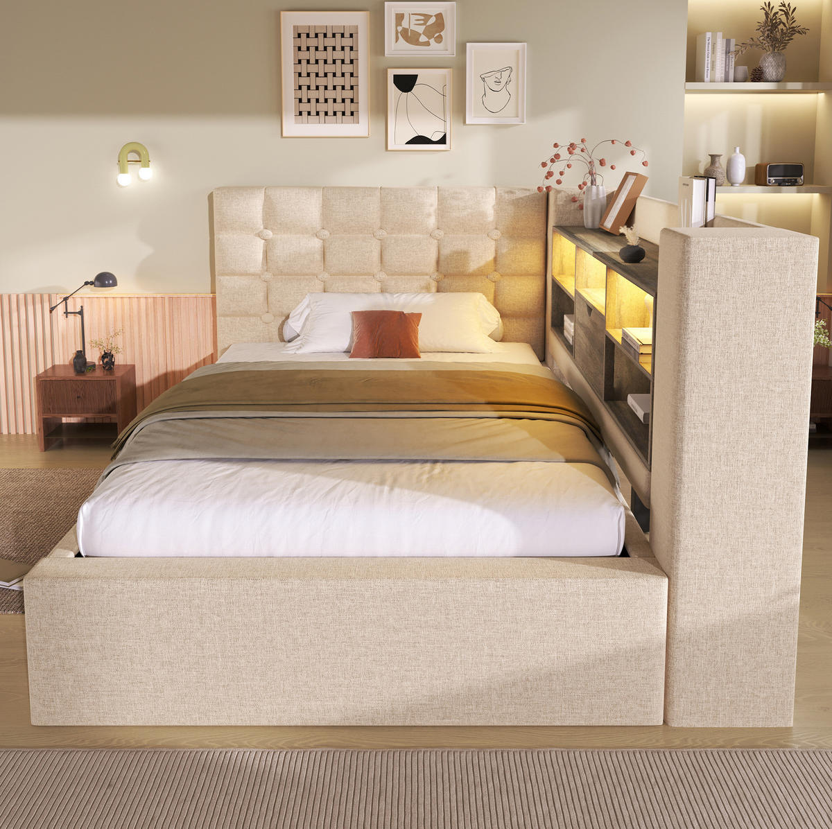 POLSTERBETT 90/200 cm Beige mit LED-Beleuchtung, Stauraum und USB-/Type-C-Anschlüssen - Beige, Textil (90/200cm) - Flora Grace