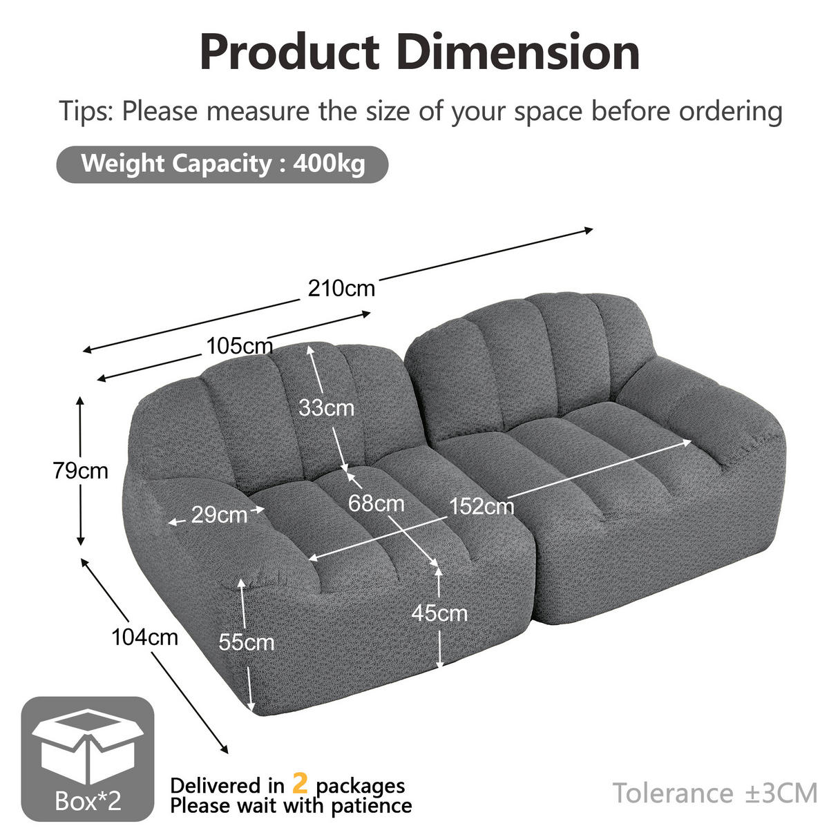 2-SITZER-SOFA ohne Montage mit ergonomischer Form und modularem Aufbau, Grau - Grau, Textil (210/79/104cm) - Redom
