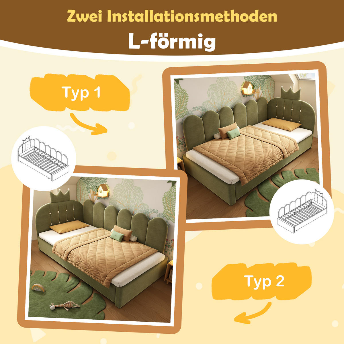 KINDERBETT Kindereinzelbetten 90/200 cm mit Ausziehbett 90/190 cm, L-Form, Kronen- und Gitterdesign aus Samt, Grün - Grün, Textil (90/200cm) - Redom