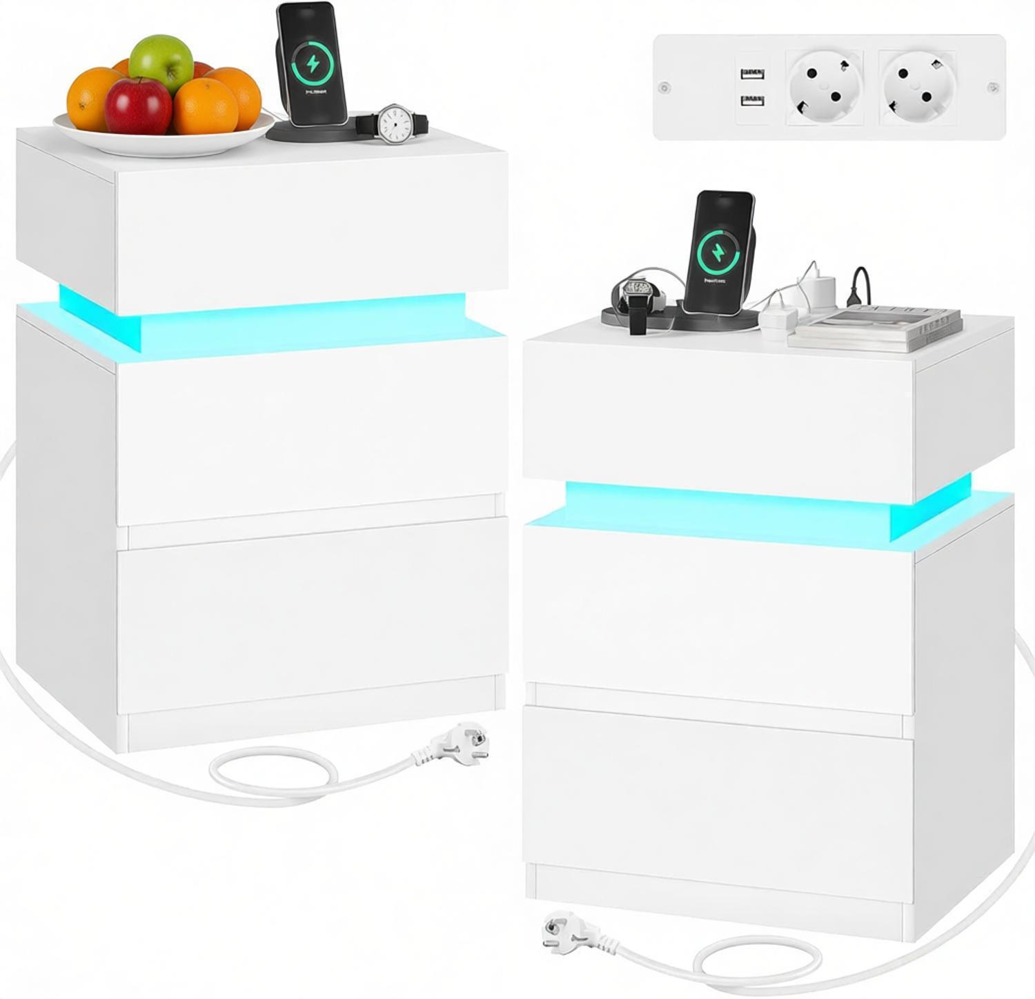 BEISTELLTISCH Weiß mit LED-Beleuchtung 2er-Set - Weiß, Holz (35/55/40cm) - PANGIVO