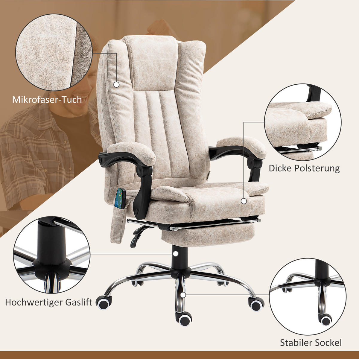 BÜROSTUHL mit Vibrationsmassage, Ergonomischer Schreibtischstuhl, Liegefunktion - Weiß, Metall (70/120/62cm) - Vinsetto