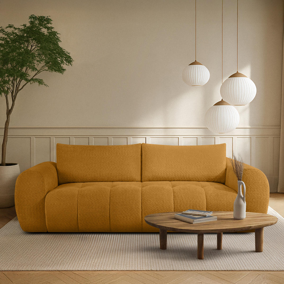 EINZELSOFA LIRA, Honigfarben, Bouclé - Honig, Holz/Holzwerkstoff (256/84/112cm) - KONSIMO®