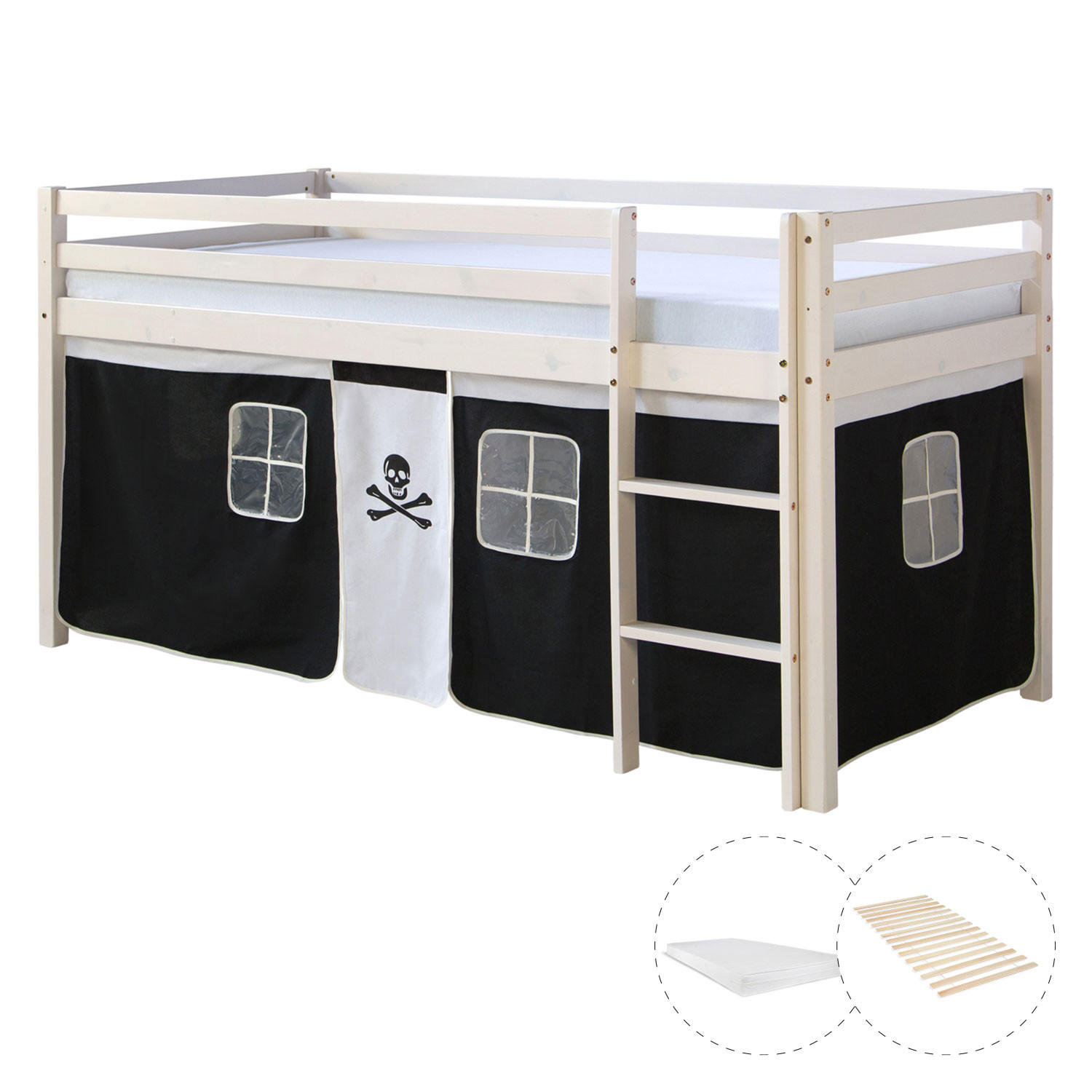 HOCHBETT mit Matratze 90/200 cm Pirat - Schwarz/Weiß, Holz - Homestyle4u