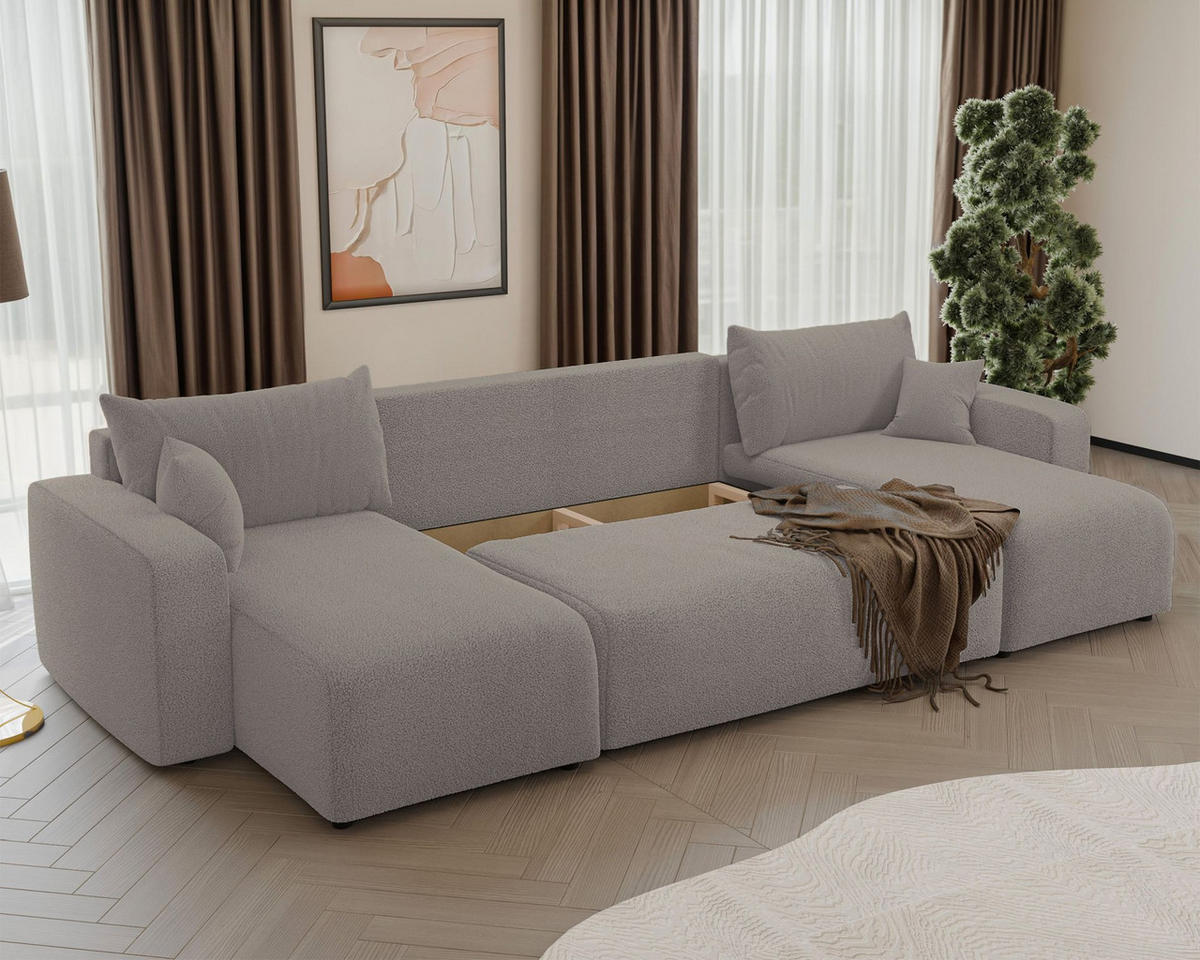 WOHNLANDSCHAFT Pianoni Hellbraun Bouclé-Bezug - Hellbraun/Schwarz, Kunststoff/Textil (312/83/140cm) - Selsey