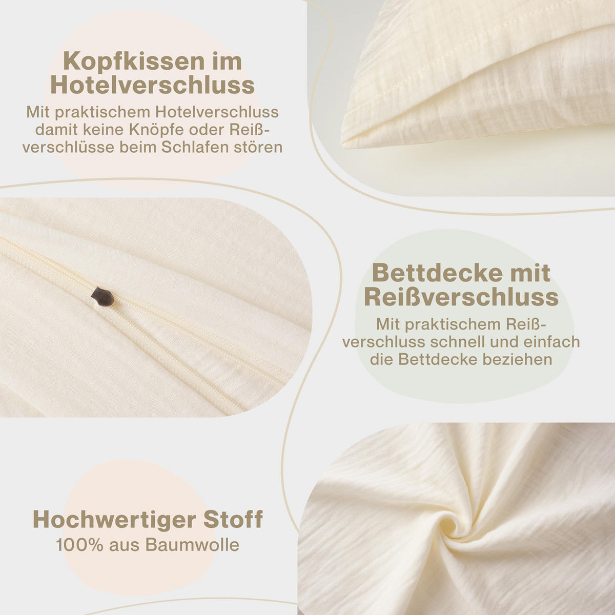 BETTWÄSCHE Musselin, 100% Baumwolle, 155/220 cm & 40/80 cm - Beige, Textil (155/220cm) - Blumtal