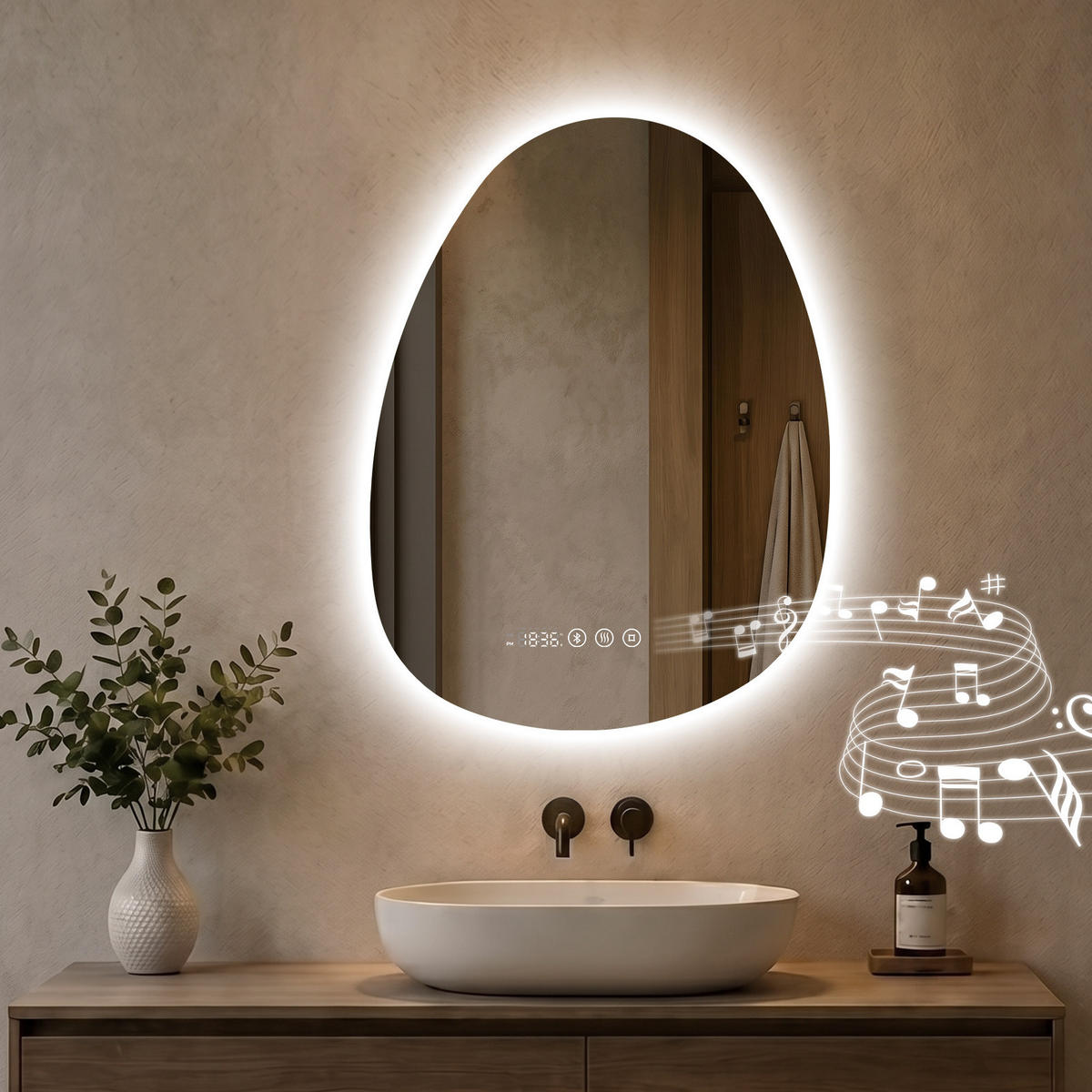 BADSPIEGEL MIT BELEUCHTUNG 60/45 cm asymmetrisch Bluetooth LED mit Antibeschlag - Transparent, Glas (45/60/3cm) - S'AFIELINA