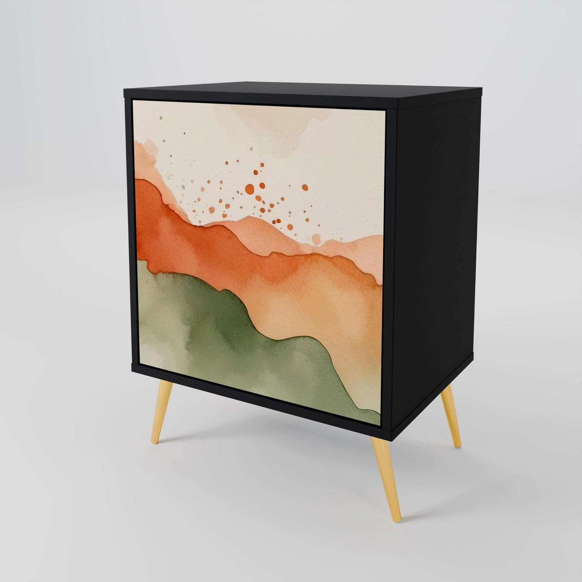 SIDEBOARD WATERCOLOUR PEAKS, Schwarz, 57,5x42x67,5 cm, Schwarze Metall-Rahmenfüße - Multicolor/Schwarz, Holzwerkstoff/Metall (57.5/67.5/42cm) - SpaceRebels