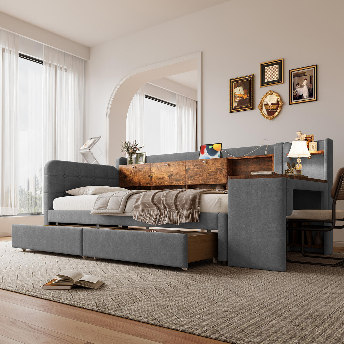 TAGEBETT 90x200cm Grau Leinen 2 Schubladen Schreibtisch USB-C - Grau, Holz (90/200cm) - FLIEKS