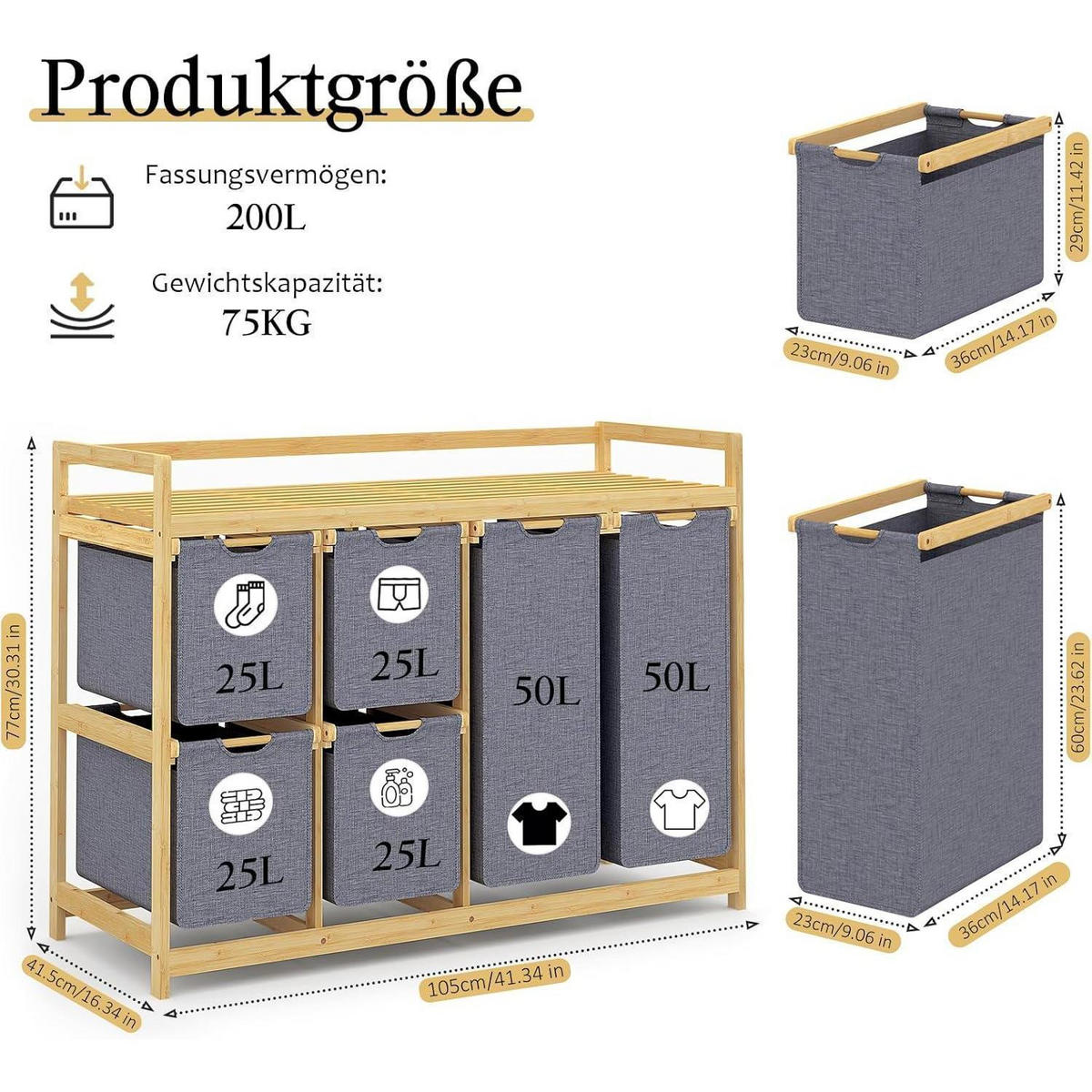 WÄSCHEKORB mit 6 Fächern und 2 Wäschesäcken Grau - Grau, Naturmaterialien (41.5/77/105cm)
