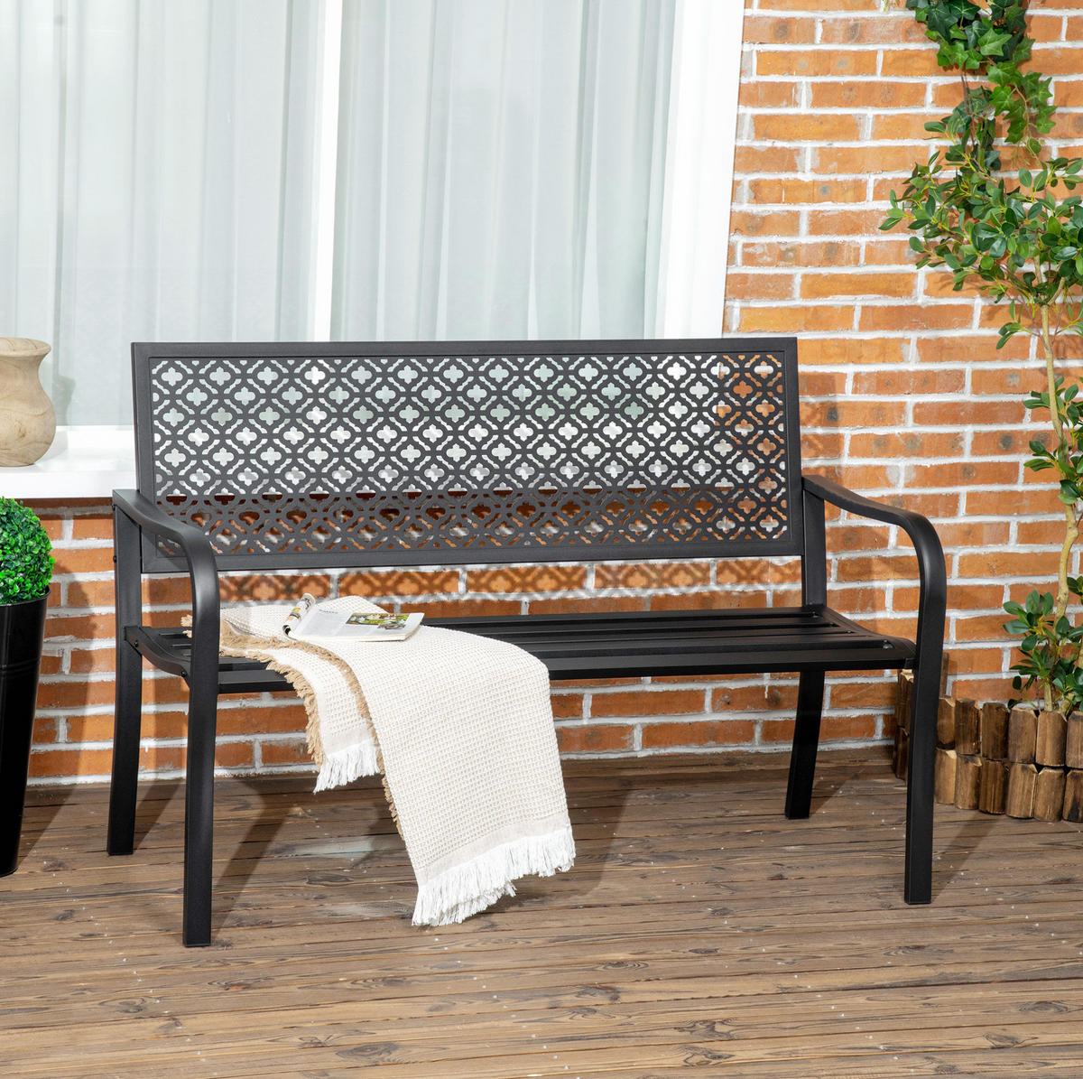 ZAHRADNÍ lavice 127/63/83 cm černá z oceli s opěradlem a područkami pro 2 osoby - černá, kov (63/83/127cm) - OKWISH