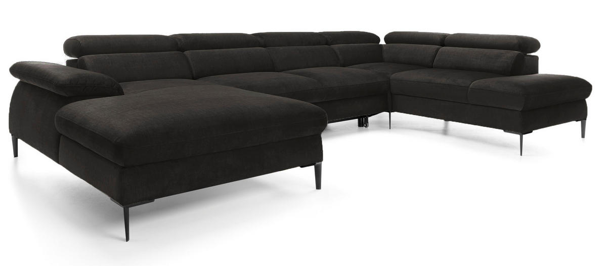 ECKSOFA U-Form 350 cm Amaro M mit Schlaffunktion, Links, Schwarz - Schwarz, Holz (214/353cm) - Emporius