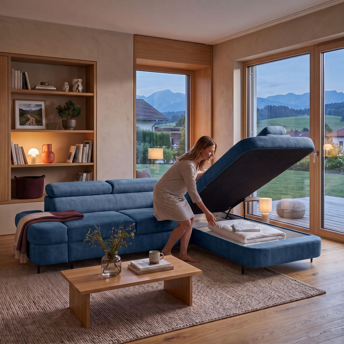 ECKSOFA PRIAM L Rechts mit Schlaffunktion 125x195 Velours Blau - Blau/Schwarz, Holz/Textil (203/275cm) - Muffo