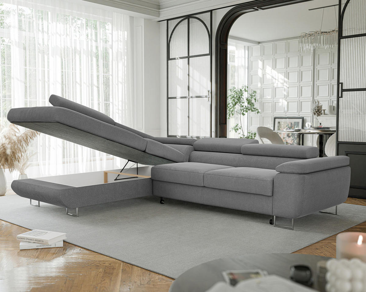 ECKSOFA ANTON mit Schlaffunktion und Bettkasten Dunkelgrau - Dunkelgrau, Holzwerkstoff/Kunststoff (274/203cm) - Idohome