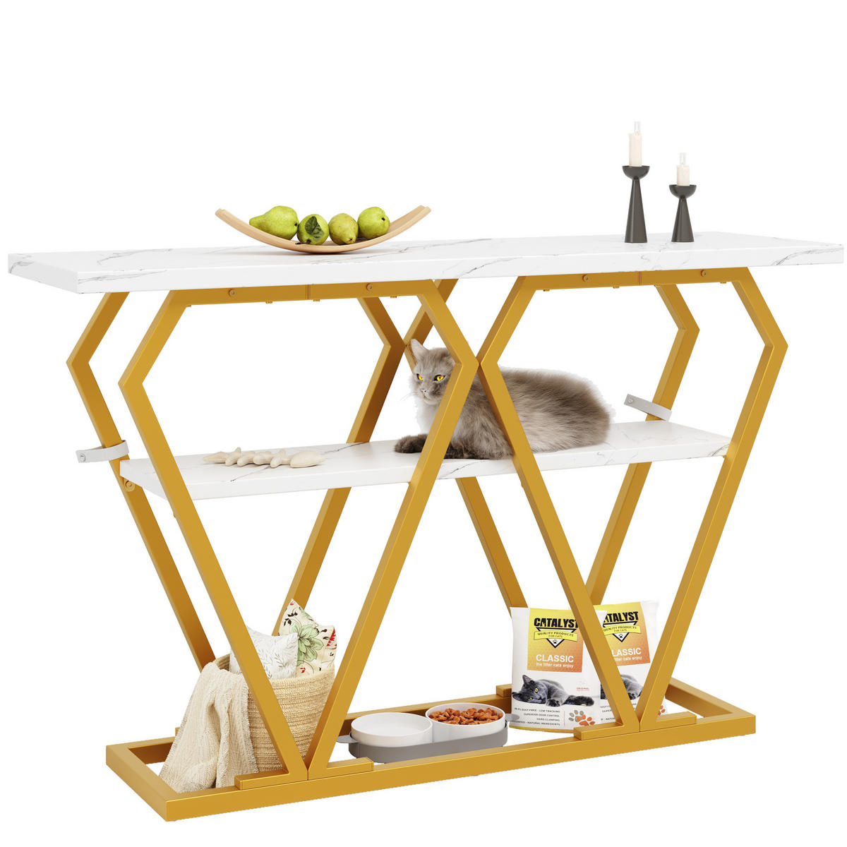 BEISTELLTISCH aus MDF und Metall 120x29,5x80 cm Weiß/Gold mit Ablage in Marmoroptik - Weiß, Holzwerkstoff (120/29.5/80cm) - Modfu