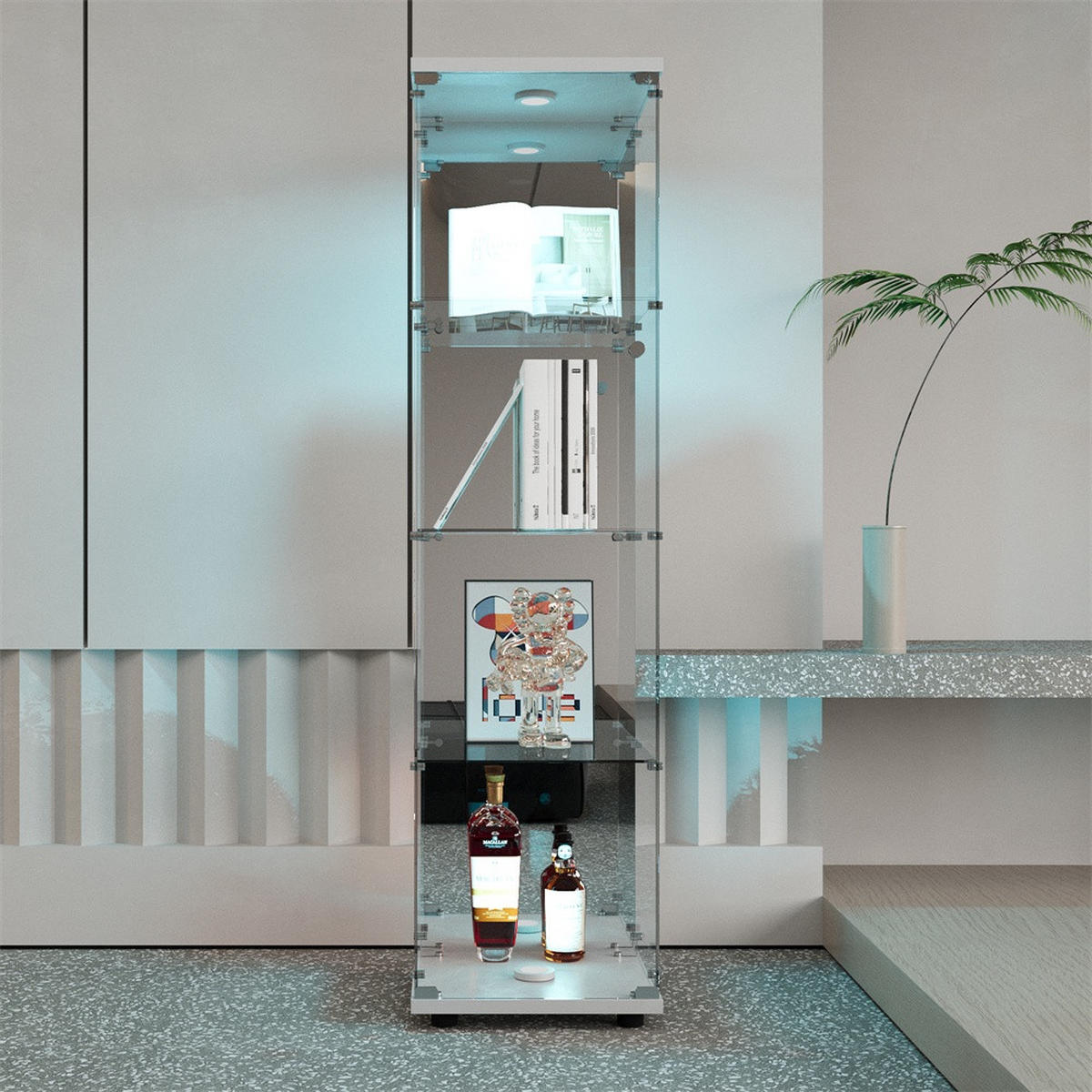 VITRINE - Glasvitrine mit 4 Ebenen - integrierte LED-Beleuchtung - Weißer Holzboden - Weiß, Glas (42.5/164/36.5cm) - DELFA