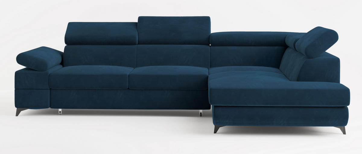 ECKSOFA FAVIEN R-S Blau Velours-Stoff mit Schlaffunktion - Blau, Holz (257/190cm) - MASSENO