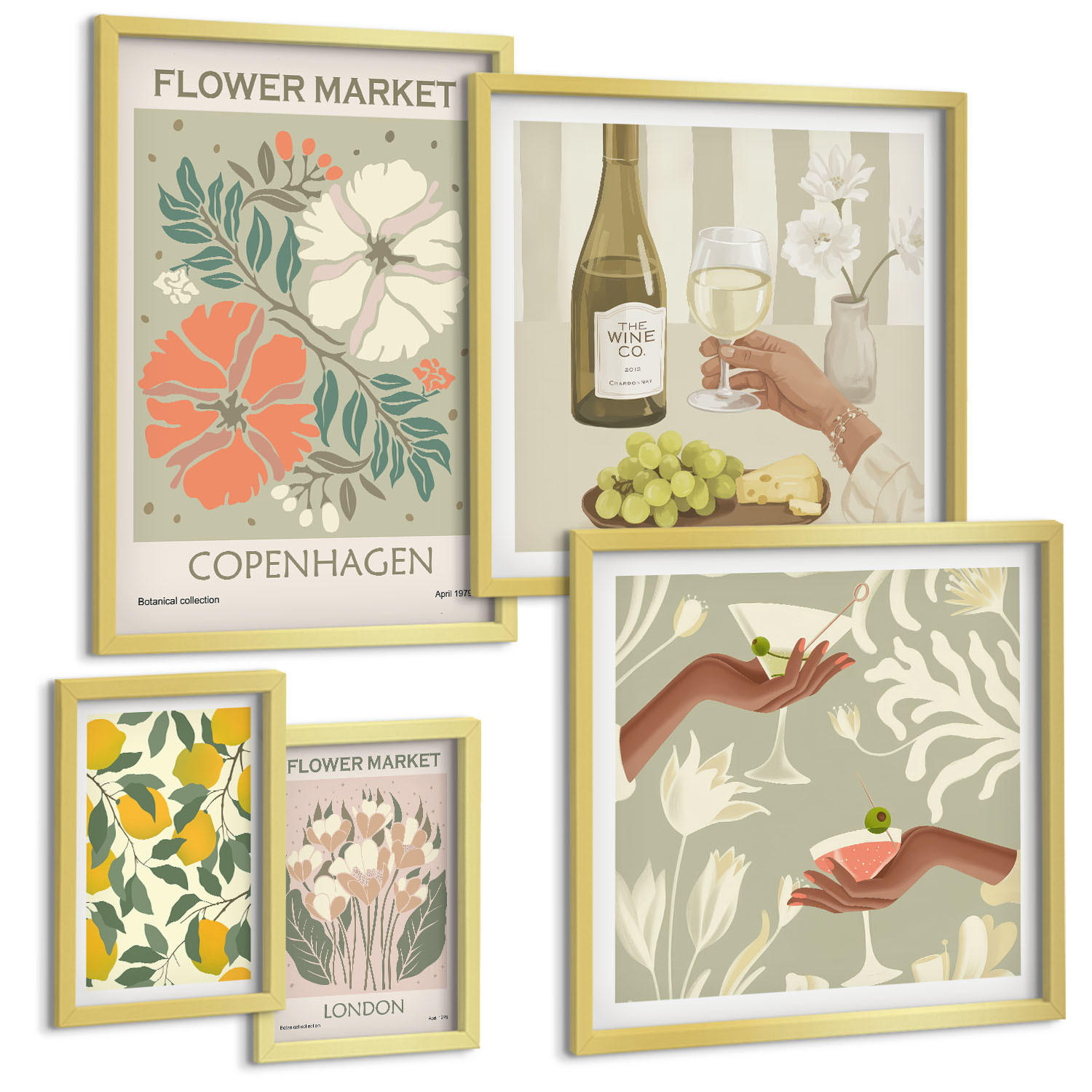 BILDER SET 5er Set - 50x50 cm & 20x30 cm & 40x60 cm Goldrahmen - Blumenmotive Rosen Paris - Goldfarben, Kunststoff (40/60cm) - TULUP