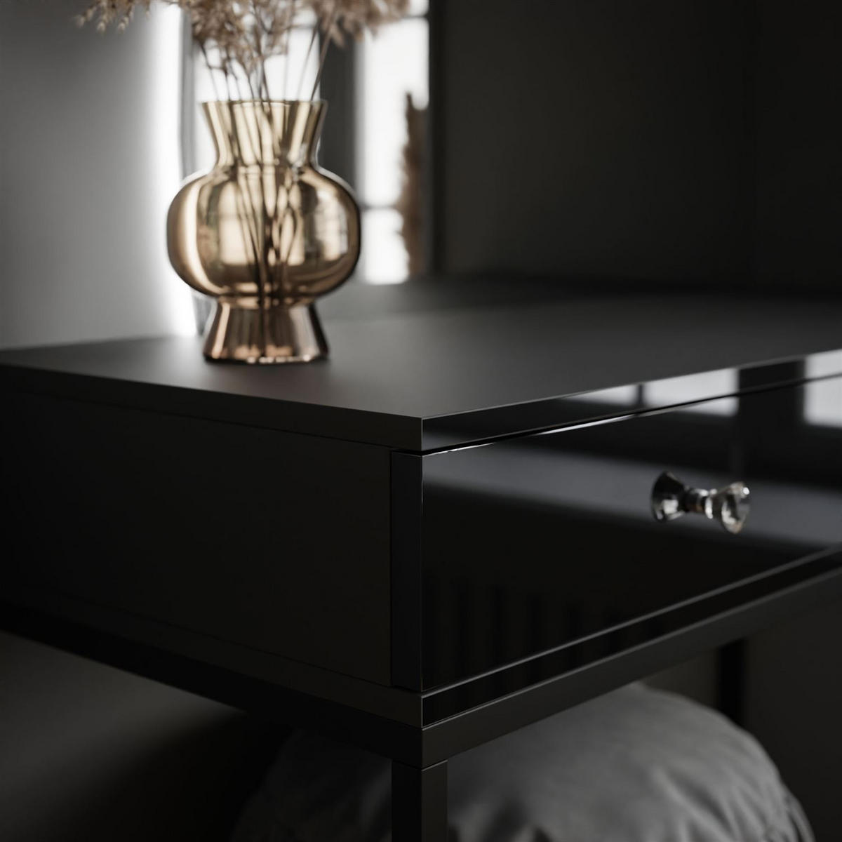 SCHMINKTISCH schwarz QUINNIE mit LED-Spiegel links Griff Kristall - Schwarz Hochglanz/Schwarz, Holzwerkstoff (100/176/42cm) - Lookway