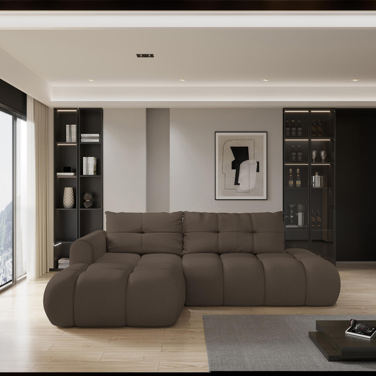 ECKSOFA FLUMA L-S Braun Geflochtener Stoff mit Schlaffunktion - Braun, Holz (274/165cm) - MASSENO