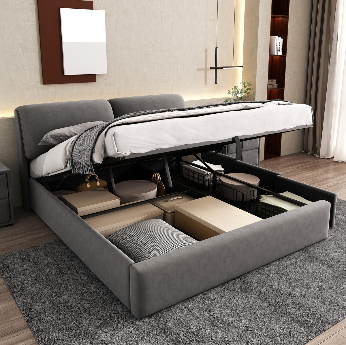 POLSTERBETT 160/200 cm Grau Samt mit hydraulischem Bettkasten und 3 Schubladen - Grau, Textil (160/200cm) - OKWISH
