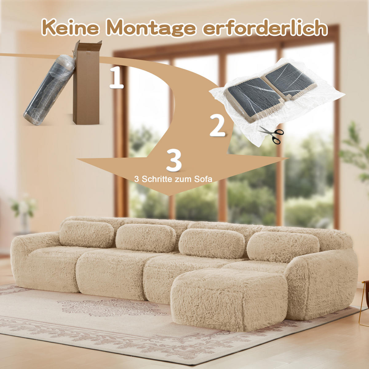 ECKSOFA 378/179/73 cm Hellkhaki Plüsch mit 1 Fußhocker und 2 kleinen Dekokissen - Kaschmir/Graubraun, Textil (378/179cm) - Oxeza