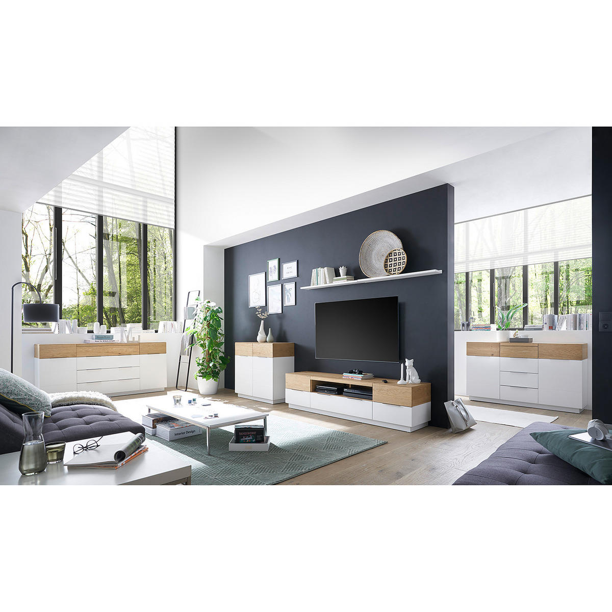 SIDEBOARD - Eiche / Weiß - Echtholzfurnier - Eichefarben/Weiß, Holz/Holzwerkstoff (182/83/40cm) - home24