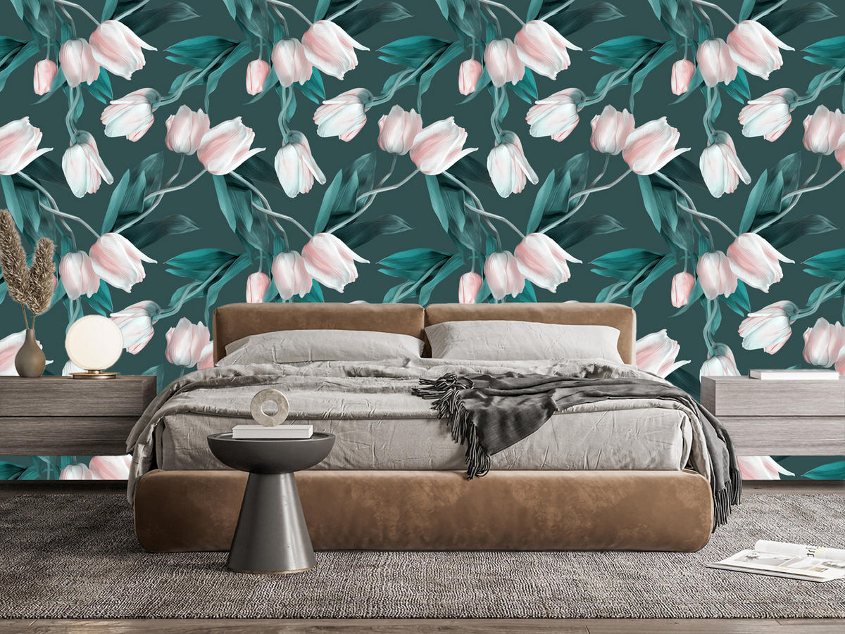 VLIESTAPETE Tulpen in 3D-Optik – Rosa, Petrol – 50x1000 cm - Petrol/Rosa, Papier (50/1000cm) - Muralo