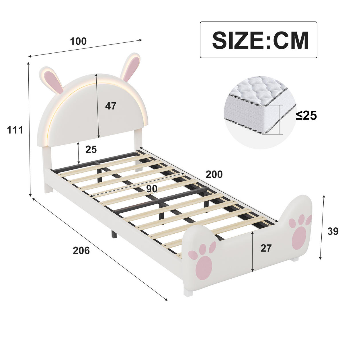 KINDERBETT 90x200 cm mit Hasen-Design, Ambiente-LED, Lattenrost, einfacher Montage, Weiß - Weiß, Holz (90/200cm) - BRILVERDE