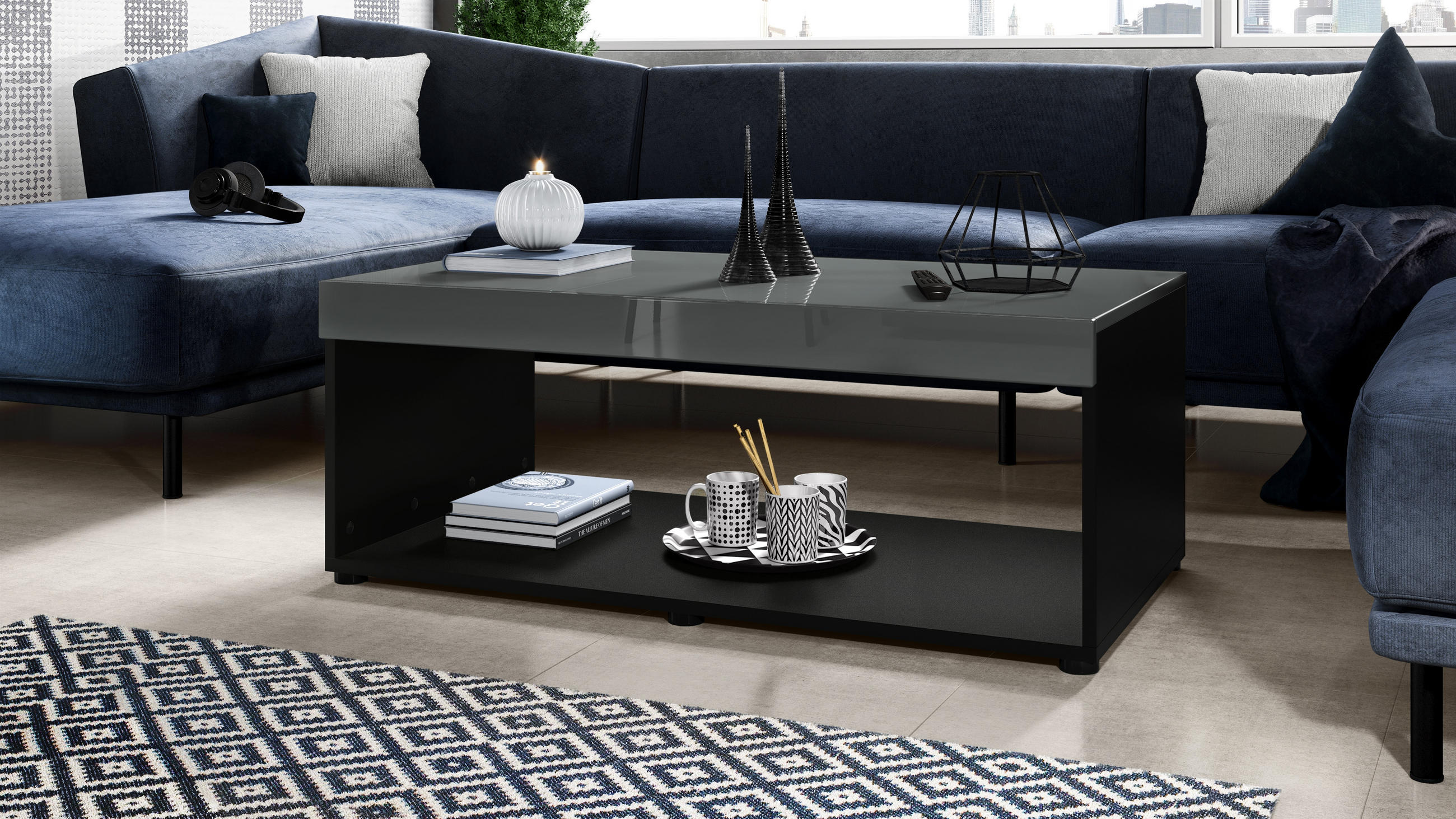 COUCHTISCH Pure Tischplatte und Blenden in Grau Hochglanz - Grau, Holzwerkstoff (58/104/40.5cm) - Vladon