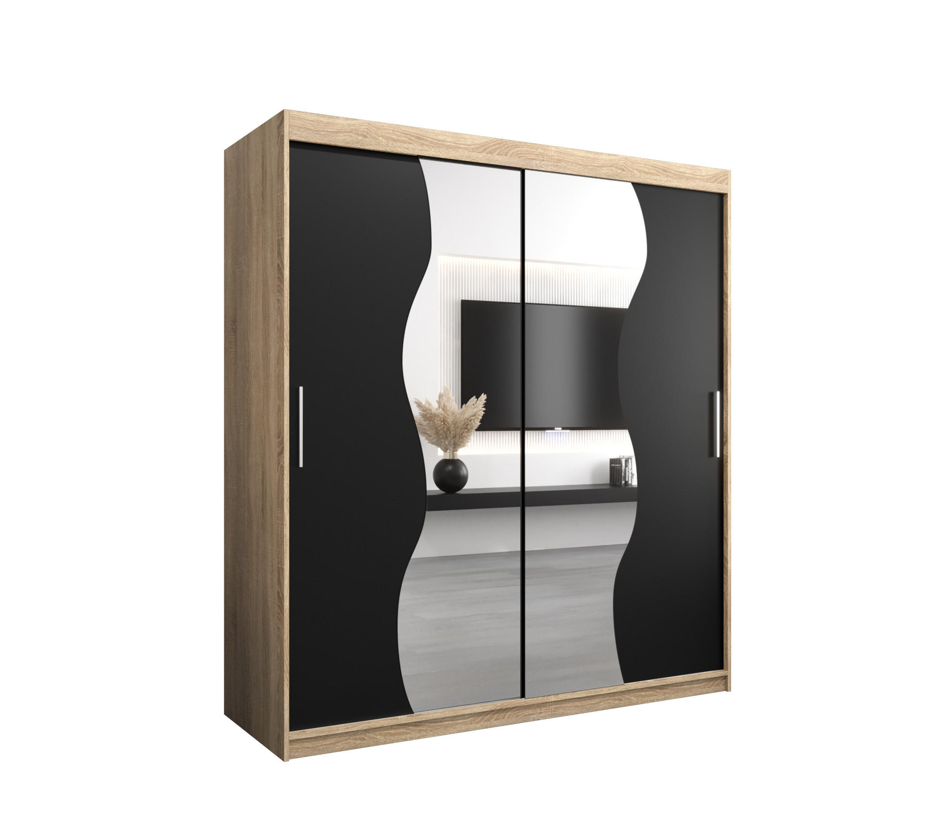 Abiks Möbel Schwebetürenschrank Sonoma Eiche, Schwarz 180x200x62 cm