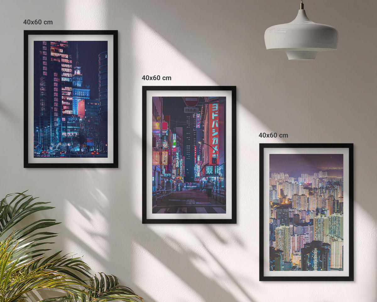 WANDBILDER 3er-Set - 40x60 cm Schwarzer Rahmen - Neonlichter der nächtlichen Stadt - Schwarz, Kunststoff (40/60cm) - ArtPrintCave