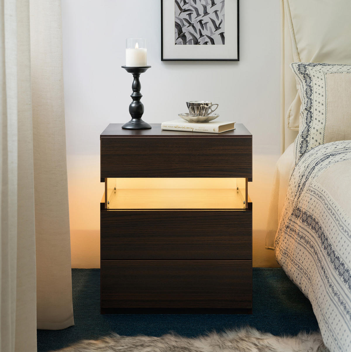 NACHTTISCH 38/48/61 cm mit 3 Schubladen, LED-Beleuchtung und Acrylfront, Walnuss - Walnussfarben, Holzwerkstoff (38/61/48cm) - Redom