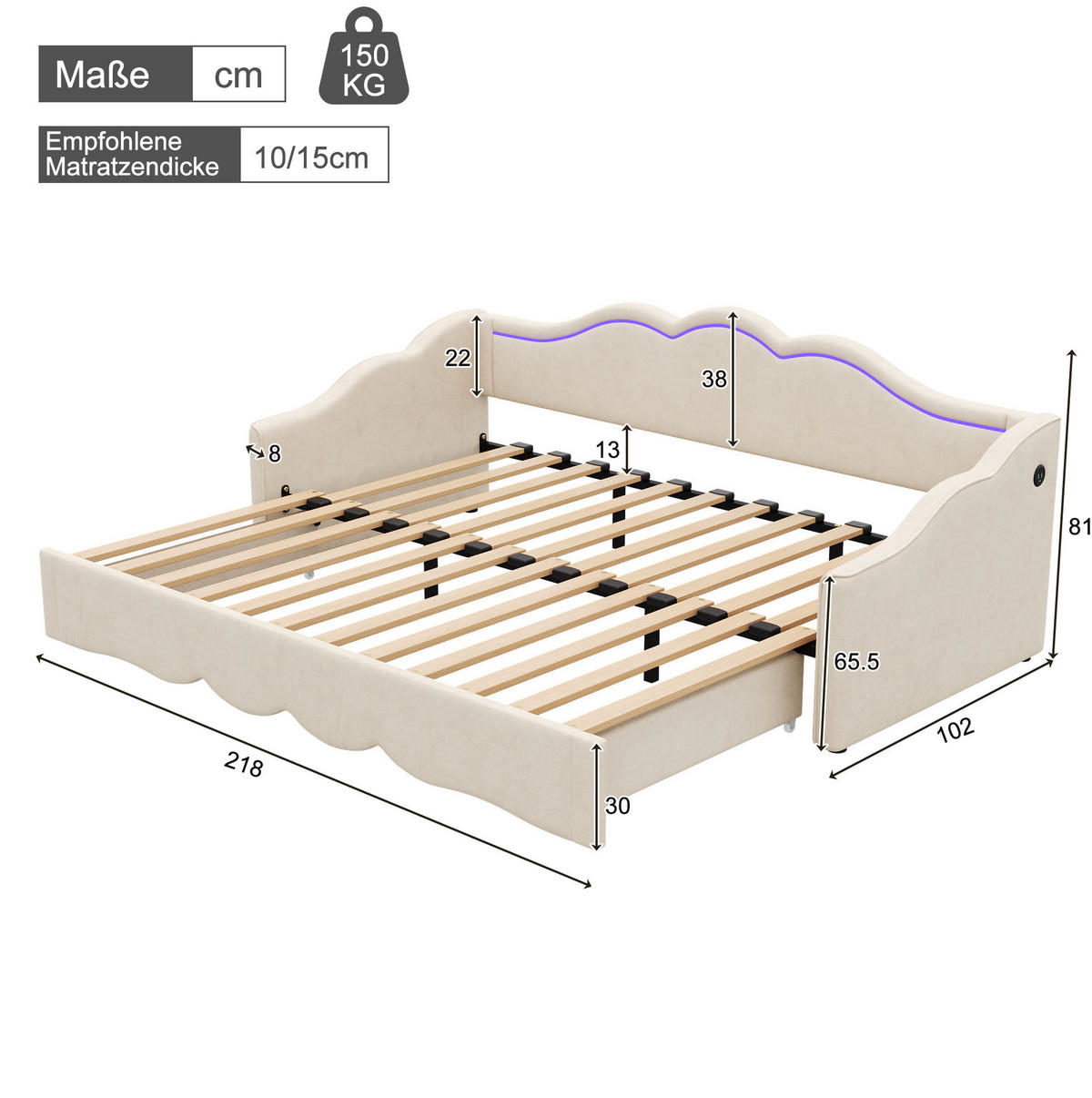 ČALÚNENÁ posteľ z velúru 90x200 cm béžová rozkladacia s LED osvetlením, USB a TYPE-C portom - béžová, textil (90/200cm) - Modfu