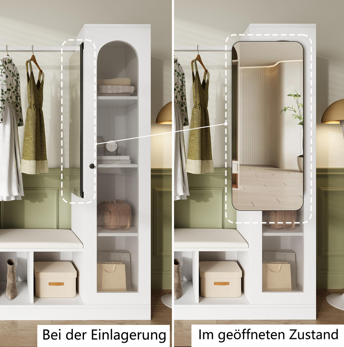 GARDEROBENKOMBINATION 163/50/161 cm aus Spanplatte mit LED-Beleuchtung und Spiegel Weiß - Weiß, Holzwerkstoff (163/161/35cm) - Modenvie