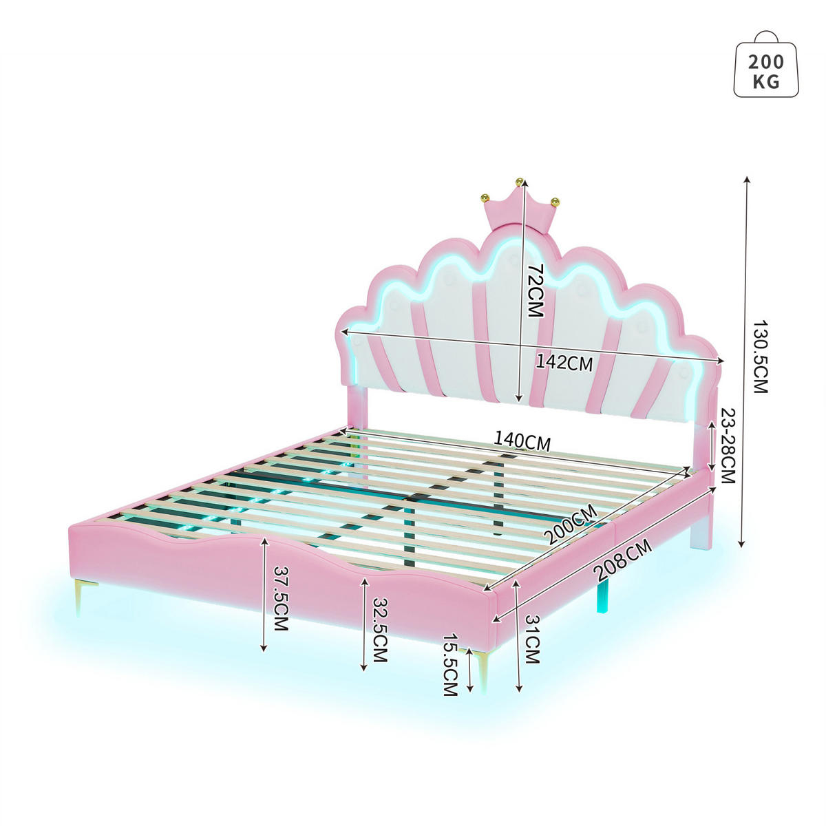 POLSTERBETT Bogen-Krone mit 2-Zonen-LED & Goldbeinen 140/200 cm PU-Leder Rosa - Pink, Leder (140/200cm) - Creahappy