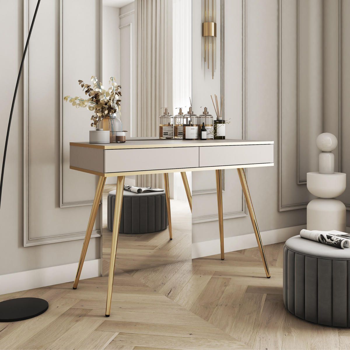 KONSOLENTISCH FORNO (Beige, Goldene Details, 2 Schubladen, goldene Metallfüße) - Gelb/Beige, Holz/Holzwerkstoff (50/102/80cm) - Ravio