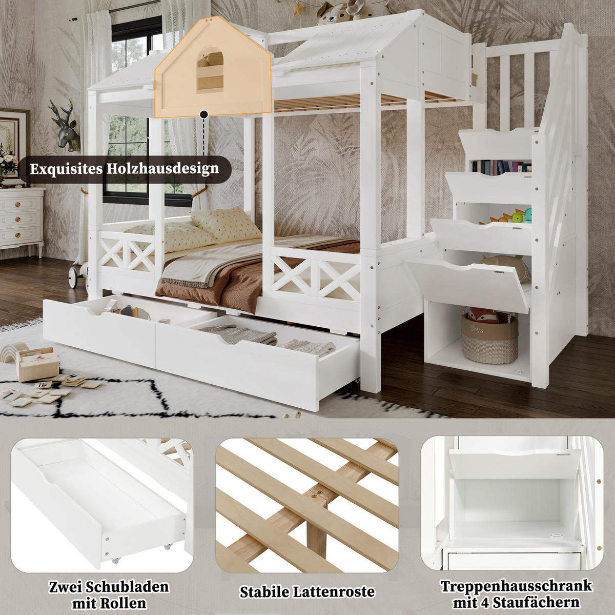 ETAGENBETT 90/200 & 140/200 cm aus Kiefer und MDF mit 2 Schubladen und Treppenschrank Weiß - Weiß, Holzwerkstoff (90/200cm) - Modenvie