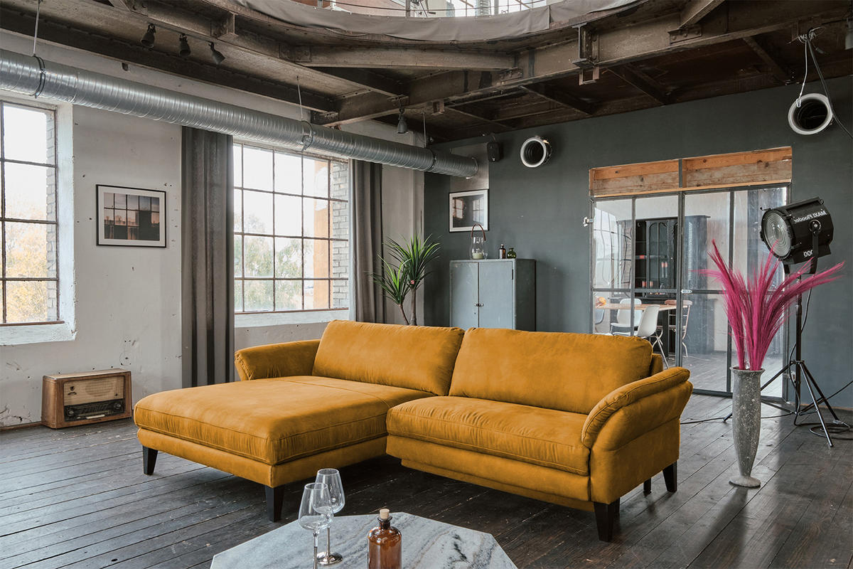 ECKSOFA MALTA Gold Webstoff - Goldfarben/Schwarz, Buchenholz/Textil (302/175cm) - KAWOLA