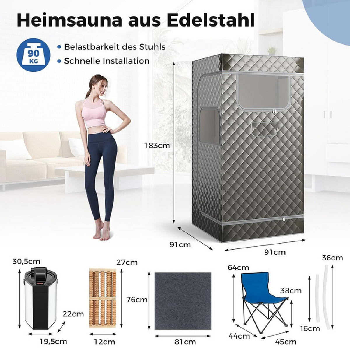 DAMPFSAUNA Tragbare grau - Grau, Textil (91/183/91cm) - COSTWAY