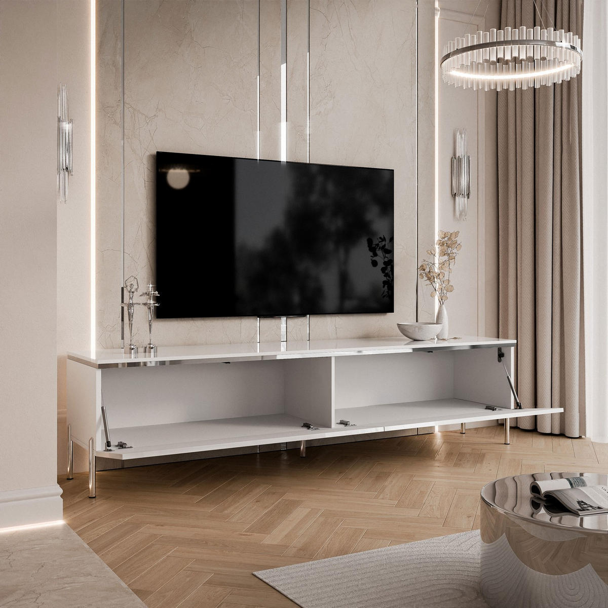 TV-SCHRANK AURORA SILVER 180 cm mit LED-Beleuchtung – gerade Chrombeine - Weiß Hochglanz, Holzwerkstoff (180/49.5/40cm) - Lookway