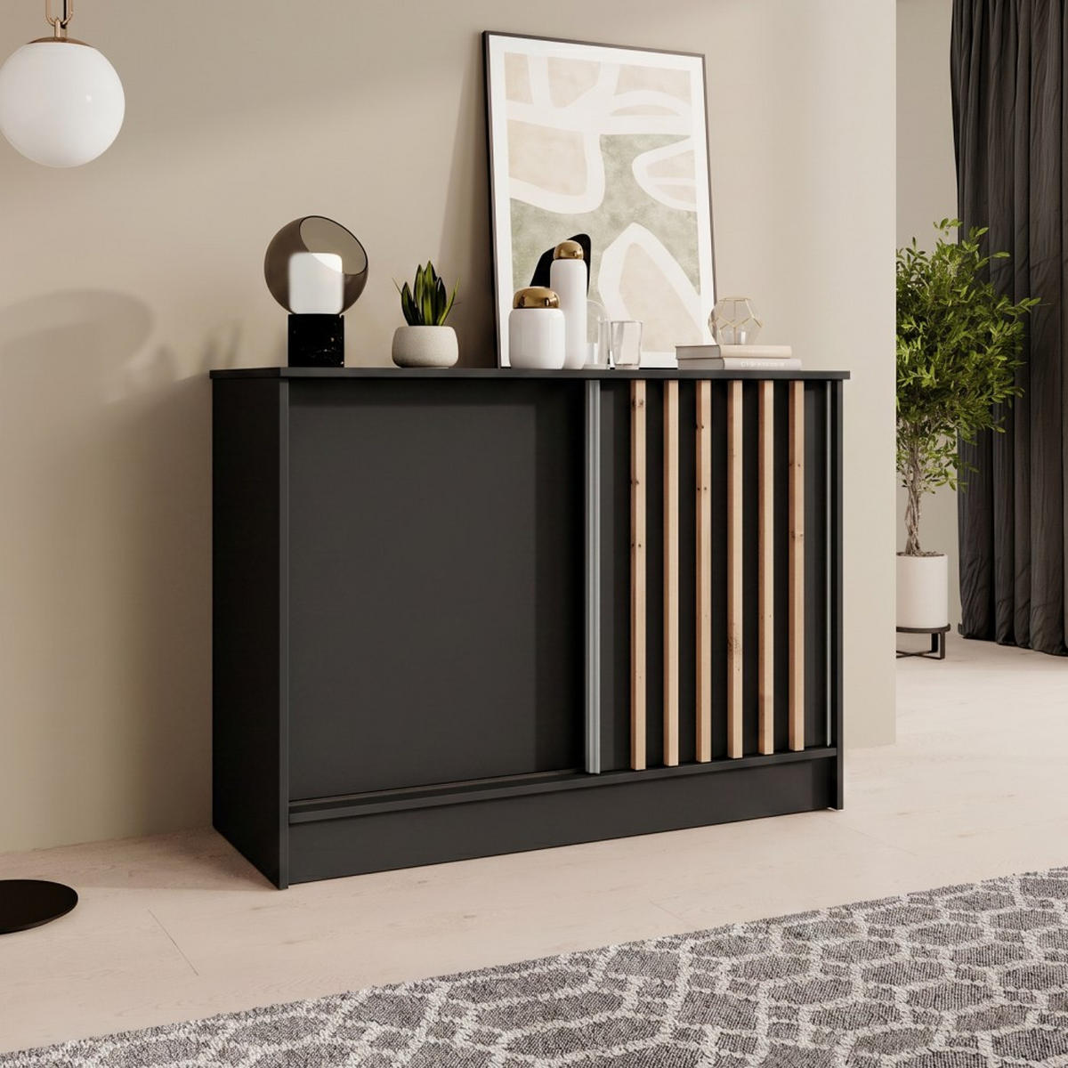 KOMMODE Horizon mit 2 Schiebetüren, Schwarz, 100 cm - Schwarz, Holzwerkstoff (101/85/43.5cm) - Beautysofa