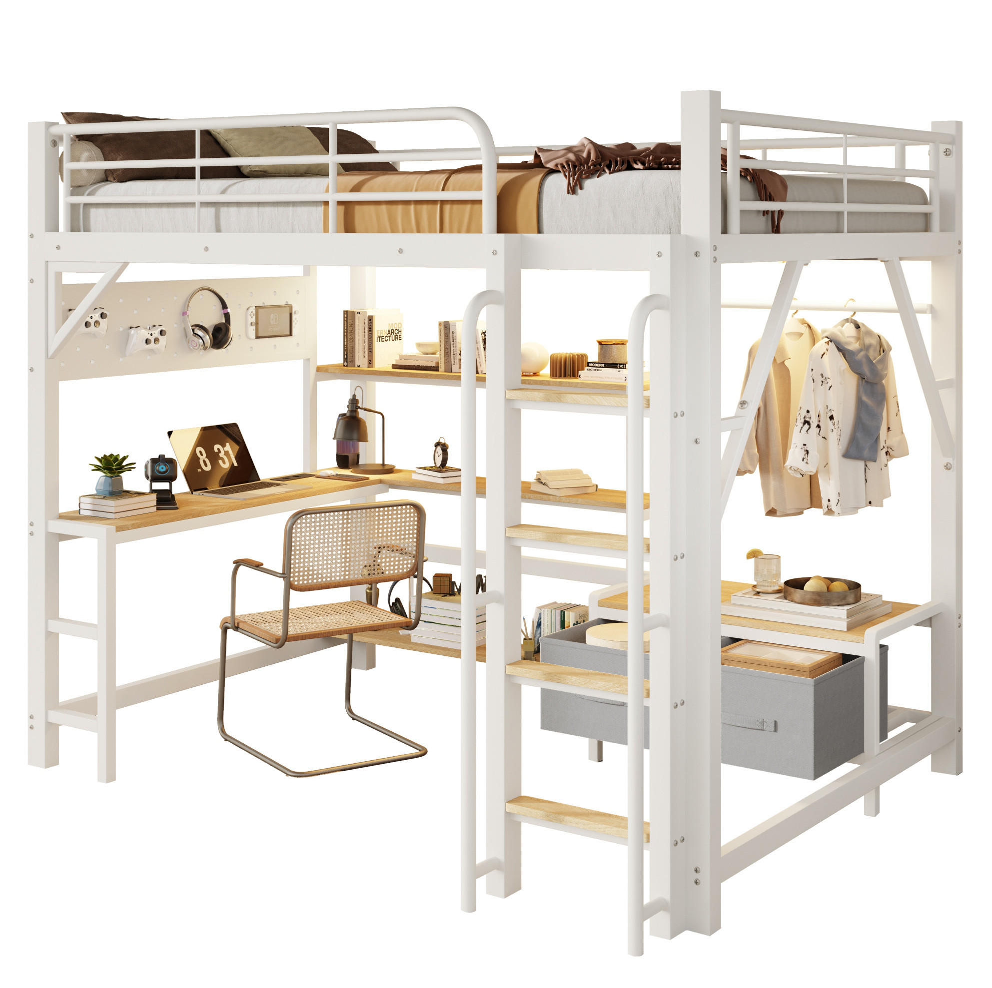HOCHBETT aus Metall und MDF 140x200 cm Weiß mit Schreibtisch, LED-Leiste, USB und Stauraum - Weiß, Holzwerkstoff (140/200cm) - Modfu