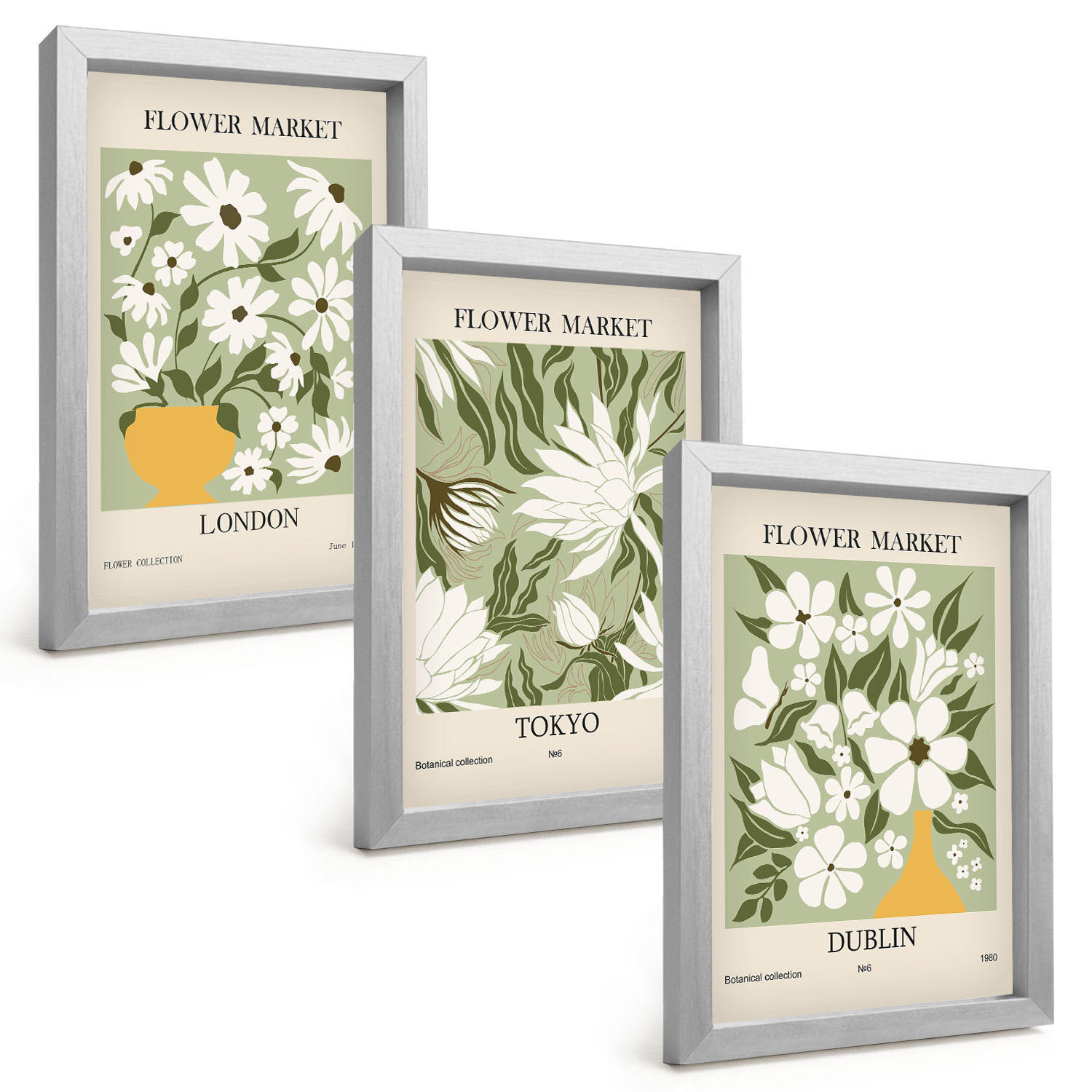 BILDER SET 3er Set - 20x30 cm Silberner Rahmen - Blumenmuster London Tokio Dublin - Silberfarben, Kunststoff (20/30cm) - TULUP