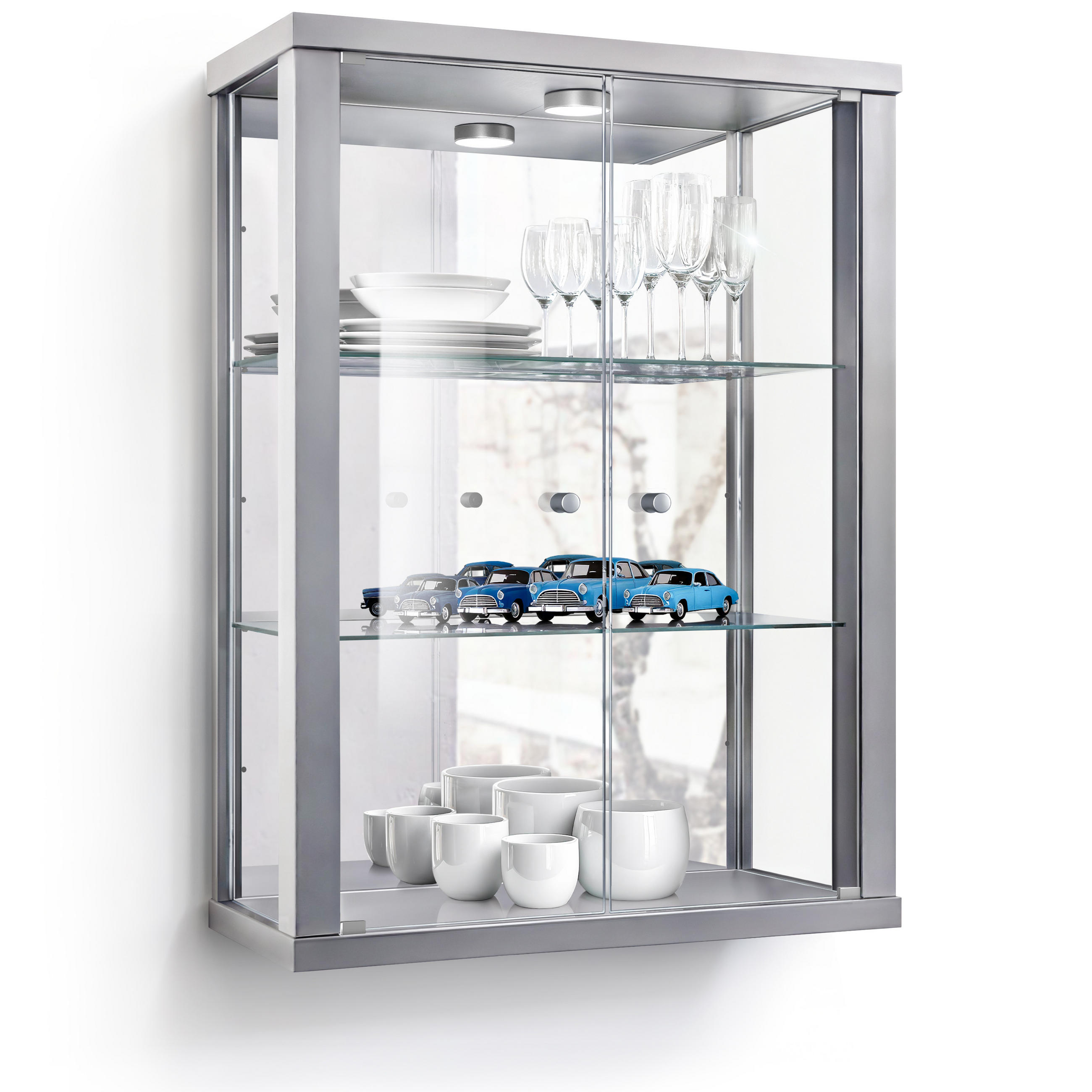 HÄNGEVITRINE 25/60/80 cm mit Spiegel, LED & 2 höhenverstellbaren Glasböden - Transparent/Silberfarben, Glas/Holzwerkstoff (60/80/25cm) - K-Möbel