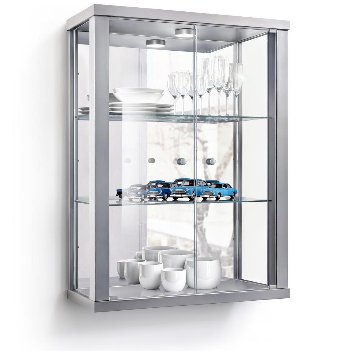 HÄNGEVITRINE 25/60/80 cm mit Spiegel, LED & 2 höhenverstellbaren Glasböden - Transparent/Silberfarben, Glas/Holzwerkstoff (60/80/25cm) - K-Möbel
