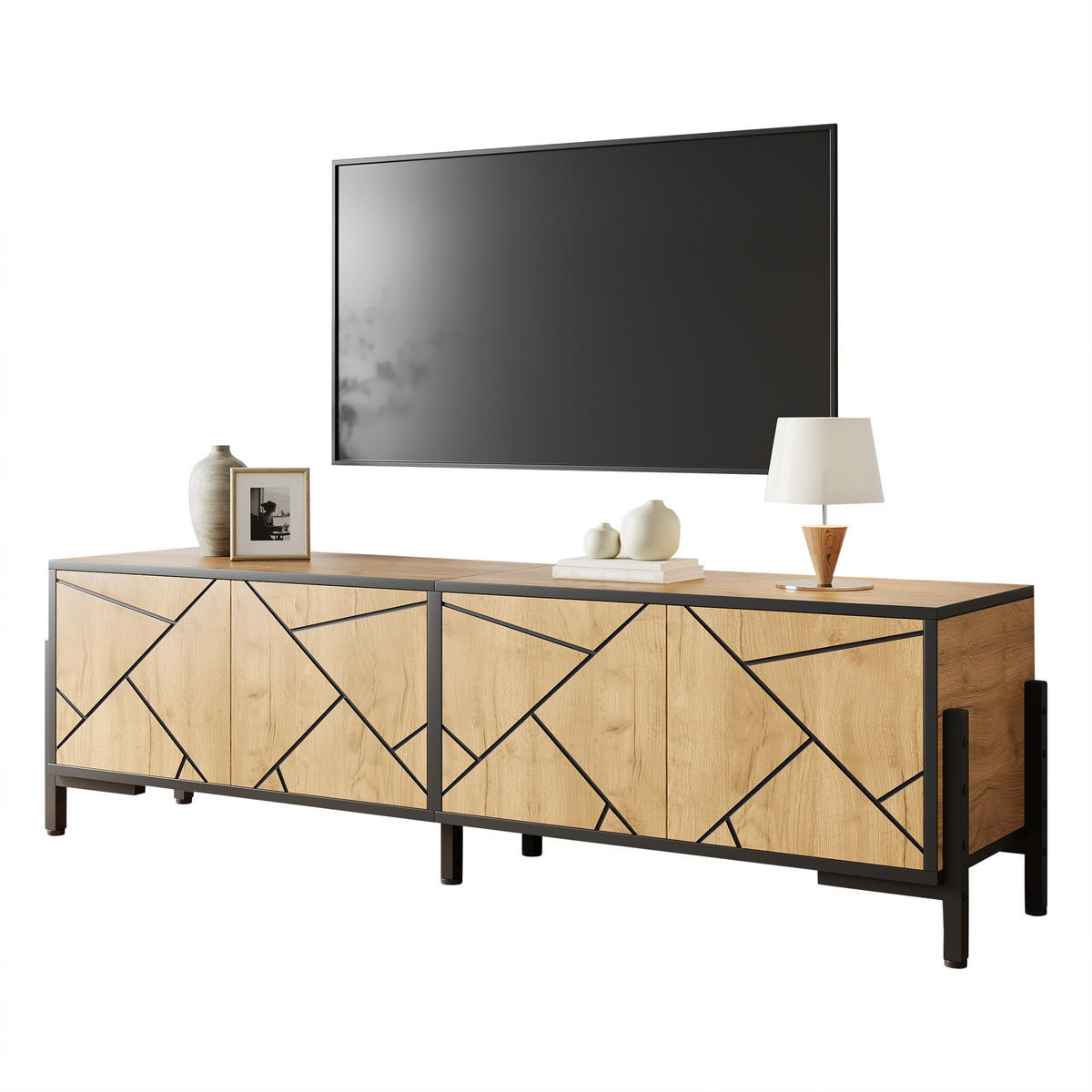 TV-LOWBOARD 153x40x50 cm Holz Schwarz 4 Türen Geometrisches Design - Naturfarben, Holzwerkstoff (40/50/153cm) - FLIEKS