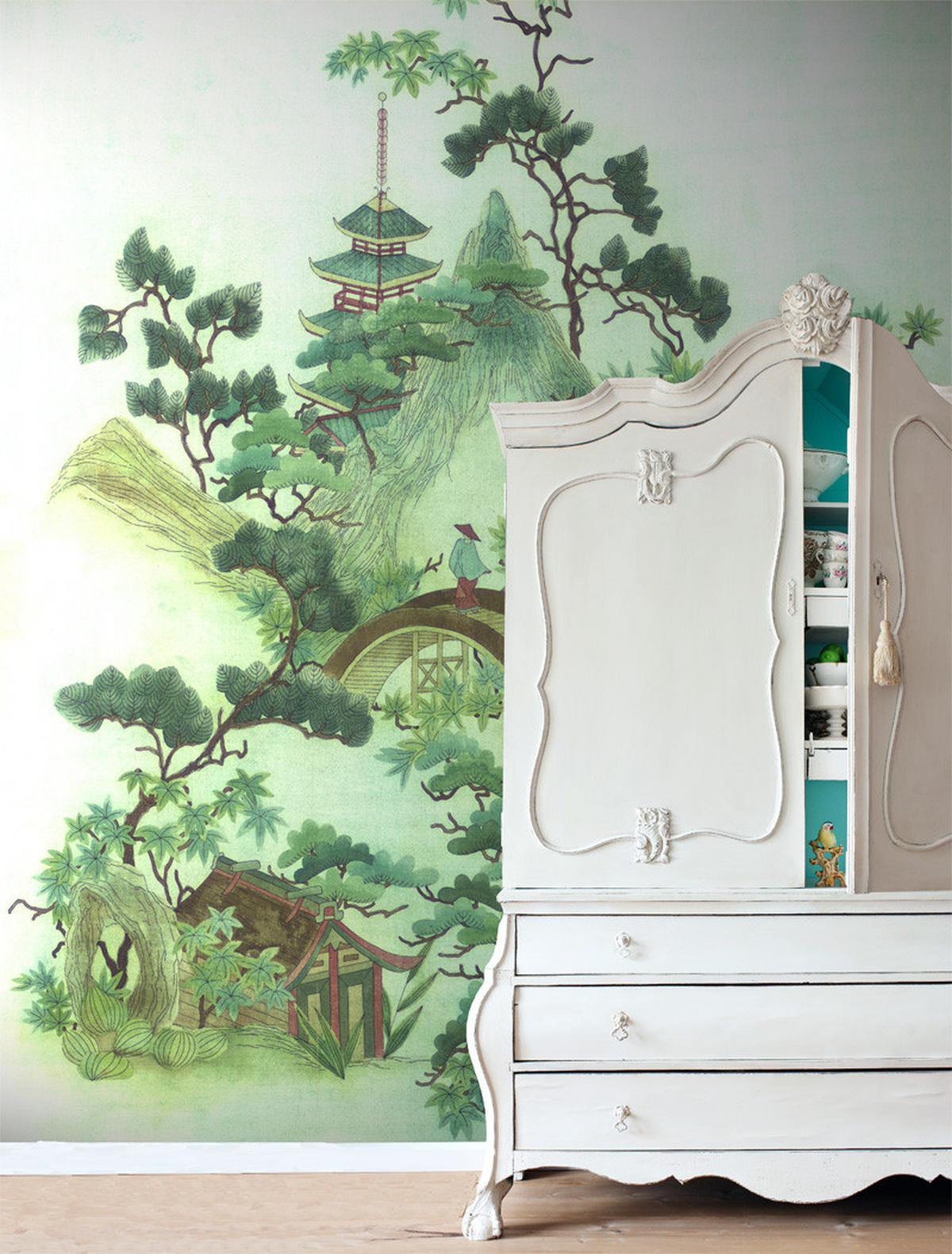 FOTOTAPETE Chinoiserien 232.5 x 279 cm - Grün, Papier (232.5/279cm) - ESTAhome
