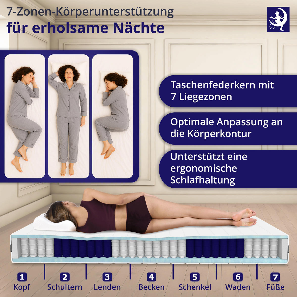 MATRATZE 90x200 mit 7-Zonen Taschenfederkern - H3 H4 - ergonomisch - waschbarer Bezug - Weiß, Textil (90/200cm) - Mister Sandman