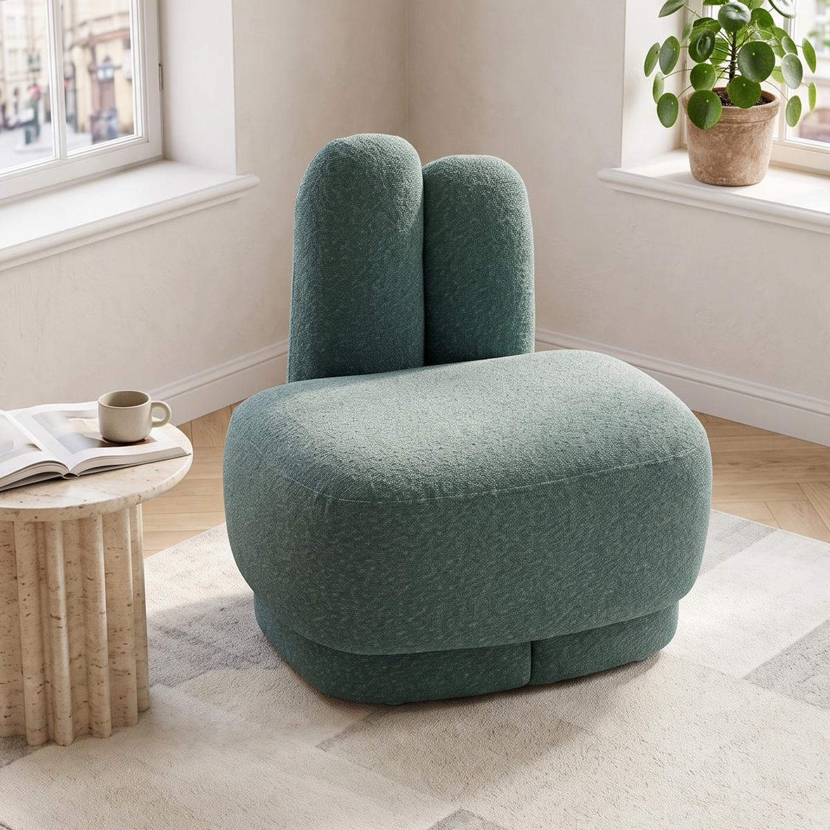 OTTOMAN Bunny-ear tyg stoppad med kaninöron - Grön, Textil (54/54/41.5cm) - Urban Meuble